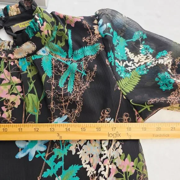 Melonie T Dress Sz 12 Black Floral Chiffon Ruffle Neck Cottage Whimsigoth Fairy - Picture 13 of 14